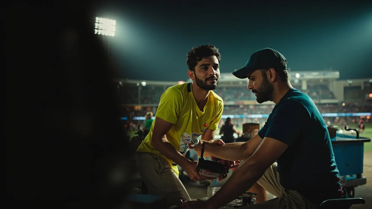 A medium-context scene of a left-arm pacer conferring with the captain at the end of an over during a T20 league match, with the scoreboard visible in the background