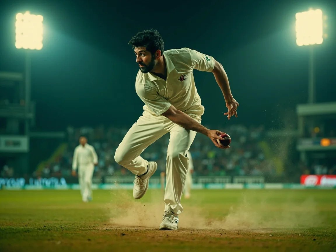 Rohit Sharma walking out to bat under floodlights