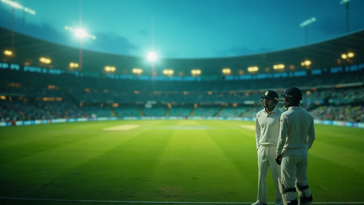 A floodlit cricket stadium