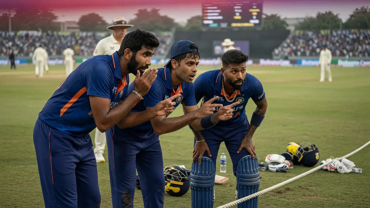 Three India players in blue kits with orange accents huddle at the boundary rope, pointing toward the field while white-clad fielders stand in the background
