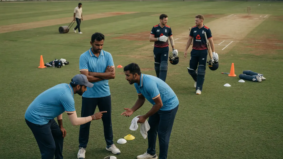 Coaches in light-blue shirts huddle over training cones on a practice outfield as two batters in England training kits walk past with helmets