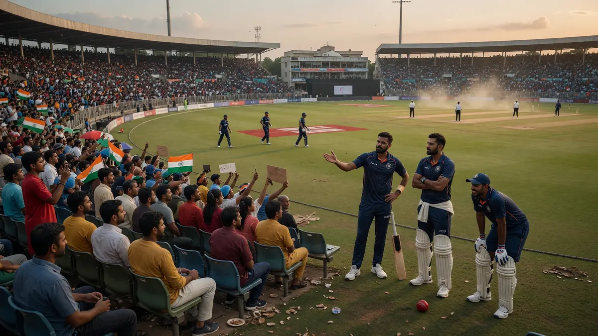 Packed cricket stadium at dusk with three navy-blue batters near the boundary rope, a large crowd waving India flags, and fielders on the outfield